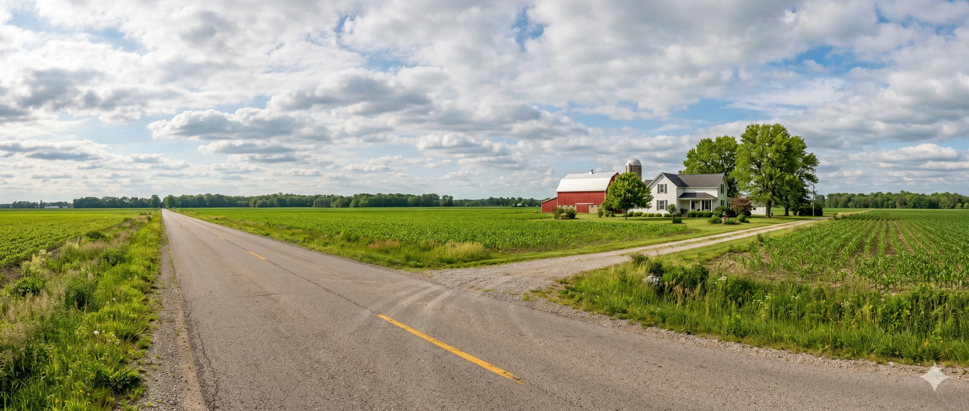 Panoramic rural scene near Pendleton, Indiana — country road, white farmhouse, red barn, flat farmland under a wide midwestern sky